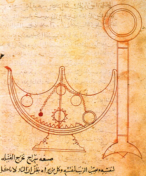 Drawing of Self trimming lamp in Ahmad ibn Mūsā ibn Shākir's treatise on mechanical devices. The manuscript was written in Arabic.