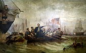 Commodore Oliver Hazard Perry defeats British Navy at the Battle of Lake Erie in 1813.
Powell 1873. Battle erie.jpg
