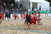 Deutsch: Beachhandball Europameisterschaften 2019 (Beach handball Euro); Tag 6: 7. Juli 2019 – Spiel um Platz Drei, Männer, Ungarn-Russland 2:0 (26:20, 23:22) English: Beach handball Euro; Day 6: 7 July 2019 – Men's Bronze Medal Match – Hungary-Russia 2:0 (26:20, 23:22)