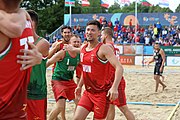 Deutsch: Beachhandball Europameisterschaften 2019 (Beach handball Euro); Tag 6: 7. Juli 2019 – Spiel um Platz Drei, Männer, Ungarn-Russland 2:0 (26:20, 23:22) English: Beach handball Euro; Day 6: 7 July 2019 – Men's Bronze Medal Match – Hungary-Russia 2:0 (26:20, 23:22)