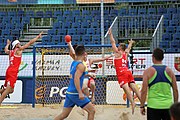 Deutsch: Beachhandball Europameisterschaften 2019 (Beach handball Euro); Tag 3: 4. Juli 2019 – Männer, Hauptrunde Gruppe II, Polen-Ukraine 2:0 (24:13, 23:22) English: Beach handball Euro; Day 3: 4 July 2019 – Men Main Round Group II – Poland-Ukraine 2:0 (24:13, 23:22)