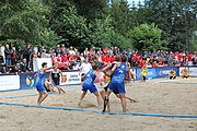 Deutsch: Beachhandball Europameisterschaften 2019 (Beach handball Euro); Tag 3: 4. Juli 2019 – Männer, Hauptrunde Gruppe I, Serbien-Deutschland 2:1 (14:25, 20:18, 7:6) English: Beach handball Euro; Day 3: 4 July 2019 – Men Main Round Group I – Serbia-Germany 2:1 (14:25, 20:18, 7:6)