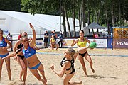 Deutsch: Beachhandball Europameisterschaften 2019 (Beach handball Euro); Tag 2: 3. Juli 2019 – Frauen, Vorrunde Gruppe D, Dänemark-Russland 2:0 (21:16, 18:12) English: Beach handball Euro; Day 2: 3 July 2019 – Women Preliminary Round Group D – Denmark-Russia 2:0 (21:16, 18:12)