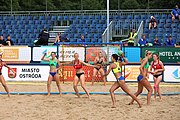 Deutsch: Beachhandball Europameisterschaften 2019 (Beach handball Euro); Tag 2: 3. Juli 2019 – Frauen, Vorrunde Gruppe D, Ukraine-Deutschland 2:0 (23:22, 32:24) English: Beach handball Euro; Day 2: 3 July 2019 – Women Preliminary Round Group D – Ukraine-Germany 2:0 (23:22, 32:24)