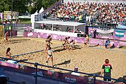 Deutsch: Beachhandball bei den Olympischen Jugendspielen 2018; Tag 3, 9. Oktober 2018; Jungs, Vorrunde, Gruppe B - Argentinien-Hongkong 2:0 English: Beach handball at the 2018 Summer Youth Olympics at 9 October 2018 – Girls Preliminary Round Group B – Argentina-Hing Kong 2:0