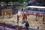 Deutsch: Beachhandball bei den Olympischen Jugendspielen 2018; Tag 3, 10. Oktober 2018; Mädchen, Vorrunde, Gruppe B - Niederlande-Argentinien 2:0 English: Beach handball at the 2018 Summer Youth Olympics at 10 October 2018 – Girls Preliminary Round Group B‎ – Netherlands-Argentina 2:0