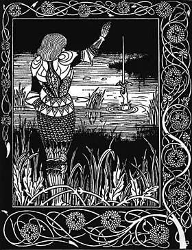 Bédivère rendant Excalibur à la Dame du lac. Illustration d'Aubrey Beardsley dans Le Morte d'Arthur par Sir Thomas Malory, Londres, Dent, 1894.