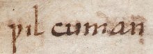 "wil cuman," (
.mw-parser-output .IPA-label-small{font-size:85%}.mw-parser-output .references .IPA-label-small,.mw-parser-output .infobox .IPA-label-small,.mw-parser-output .navbox .IPA-label-small{font-size:100%}
Old English pronunciation: [/'wil,ku.man/]
) an Old English welcome phrase, which was used over a thousand years ago and evolved into the modern English "welcome". Beowulf - wil cuman.jpg