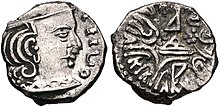 Coin of the last Western Satrap ruler Rudrasimha III (388-395). Bhadramukhas ruler Rudrasimha III Circa 385-415 CE.jpg