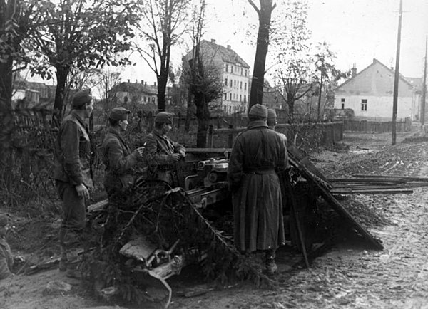 Hungarian soldiers operate a 7.5 cm Pak 40 anti-tank gun in a suburb of Budapest. (November 1944)