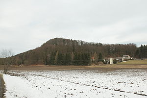 Burgstall Leuenstein - Pohled na Bleiberges z východu (únor 2014)