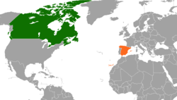 Mapa označující umístění Kanady a Španělska