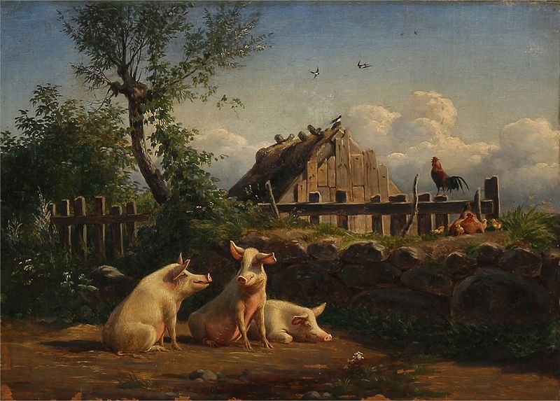 File:Carl Bøgh - Bondegårdsidyl med grise og kyllinger (1857).jpg