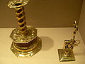 Left: Swedish 17th century brass candlestick Right: English late 17th/early 18th century brass snuffer and stand