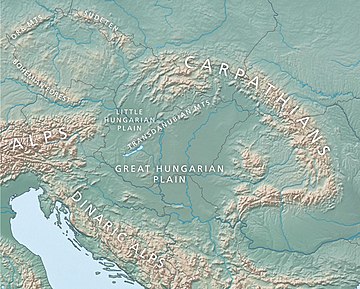 Topographic map with the main streams of the Carpathian Basin Carpathian Basin-Pannonian Basin.jpg