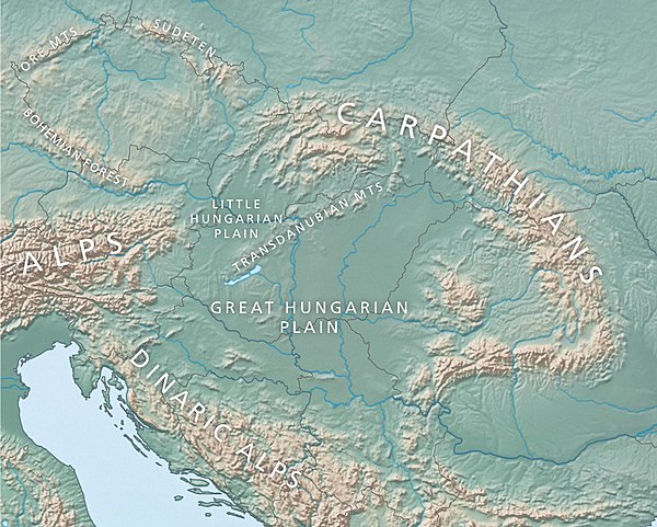 The Pannonian Plain, between the Alps (west), the Carpathians (north and east), and the Dinaric Alps (southwest)