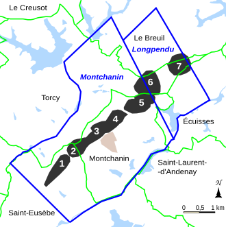 Carte localisant les travaux miniers, les limites communales et les concessions.