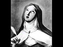 B&W portrait engraving of a young woman in a Catholic nun's habit looking upwards.