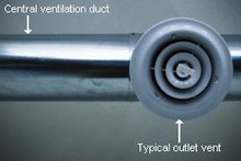 Ventilation duct with outlet diffuser vent. These are installed throughout a building to move air in or out of rooms. In the middle is a damper to open and close the vent to allow more or less air to enter the space. Central ventilation tube2.jpg