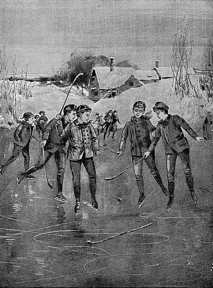 Children playing pond hockey, 1890s