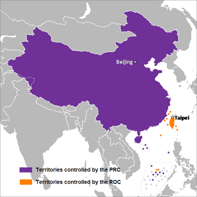 Territories currently administered by the two governments that formally use the name China: the PRC (in purple) and the ROC (in orange). The size of minor islands has been exaggerated in this map for ease of identification.