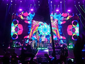 Coldplay performing at Glastonbury 2016.