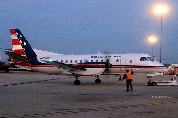 A Saab 340B in Colgan Air's livery at Washington-Dulles International Airport in Northern Virginia