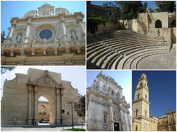 Clockwise from top left: Church of Santa Croce; Roman Theatre; the cathedral's bell tower; Lecce Cathedral ("Cattedrale di Santa Maria Assunta"); and 