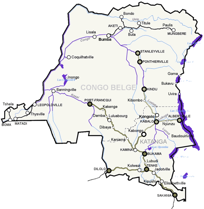 Spoorwegennet (zwart/grijs/beige) en bevaarbare waterwegen (paars) in Belgisch-Congo