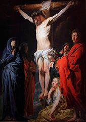 The crucifixion of Jesus, the founder of Christianity, painted by Jacob Jordaens in the 17th century. Crucifixion by Jacob Jordaens.JPG