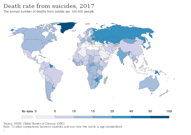 Death rate from suicide per 100,000 as of 2017.