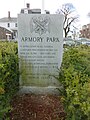 Detailed view of the dedication monument for Armory Park. The monument is located on the west end of the park.