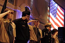 Boy Scouts salute during the playing of the national anthem as part of the Scouts' Citizen of the Year award reception and dinner in Washington, D.C., November 15, 2007 Defense.gov photo essay 071115-D-7203T-002.jpg