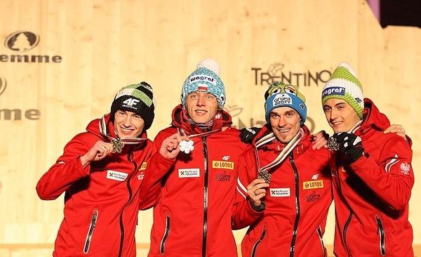 Poland with bronze medals of the 2013 World Championship in team: with Stoch, Kubacki and Żyła.