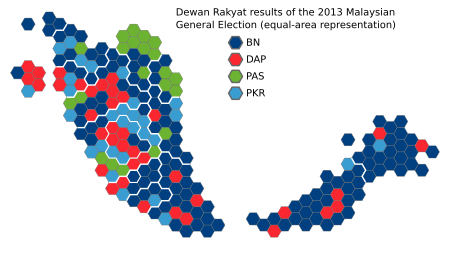 Equal-area representation of members of Dewan Rakyat as elected in 2013 by federal constituency Dewan Rakyat 2013 Equal Area.svg