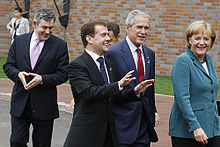 Then-British Prime Minister Gordon Brown (left) during the 34th G8 summit in 2008, with his hands similarly positioned Dmitry Medvedev at the 34th G8 Summit 7-9 July 2008-43.jpg