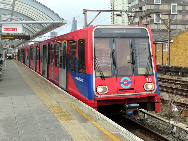 A DLR train at Shadwell in 2014