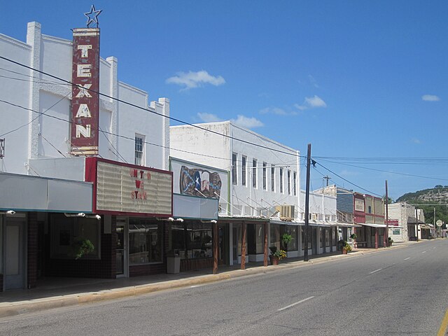 A view of downtown Junction, with the defunct Texan Theater at the left
