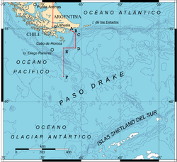 Dél-Amerika déli részét ábrázoló térkép, rajta a Horn-fok, a Drake-átjáró és a Déli-Shetland-szigetek