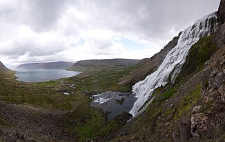 View from the waterfall down to the fjord landscape