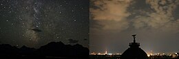 In remote areas on moonless nights clouds appear dark against the sky. In or near developed areas skyglow is strongly enhanced by clouds. Effect of light pollution on clouds.jpg