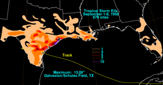 Rainfall accumulations from Hurricane Ella in the United States Ella 1958 rainfall.png