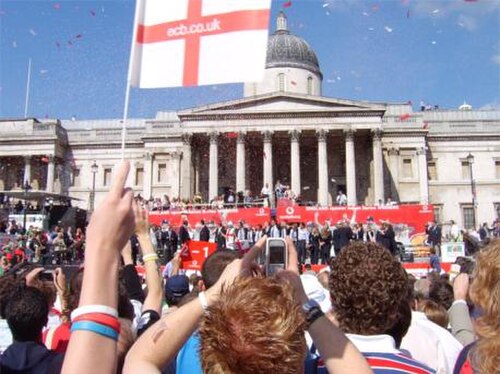 The England team celebrate their 2005 Ashes victory in Trafalgar Square
