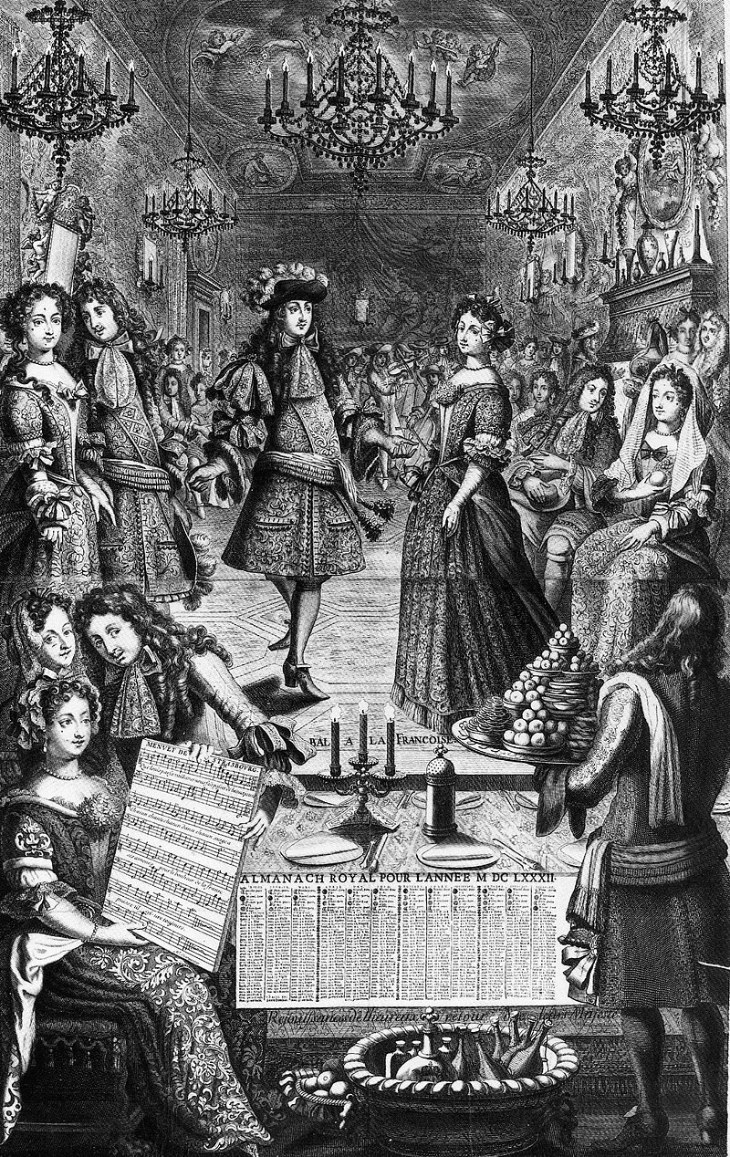 Costume au xviie siècle 800px-Engraving_of_a_1682_ball_given_by_Louis_XIV_of_France_%28Almanach_royal%29