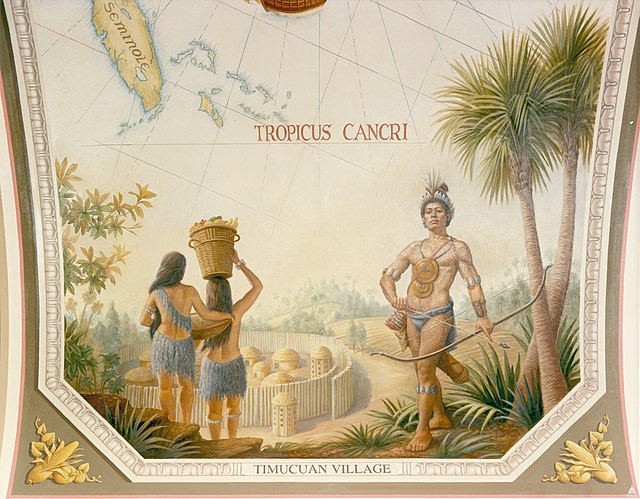 Timucuan village and inhabitants depicted on a painting in the United States Capitol