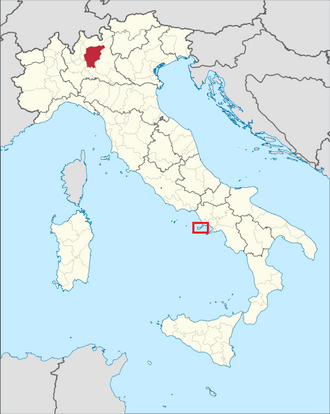 While Forastera has had a long history of cultivation in the Campanian islands of Ischia and Procida (outlined in red box), the grape may have originated in the Lombardy province of Bergamo (highlighted). Forastera in Bergamo and Campania islands.png