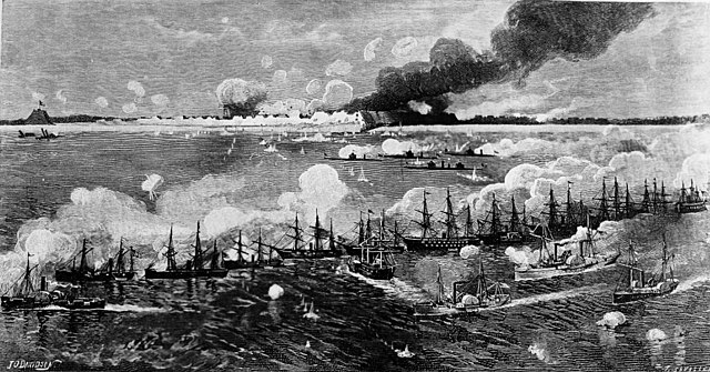 Ships bombarding Fort Fisher prior to the ground assault