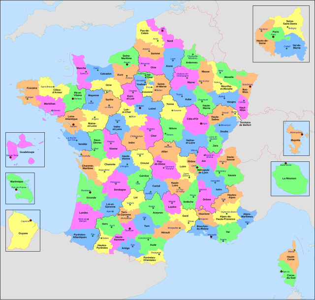 Carte des départements français et divisions territoriales assimilées en tant que circonscriptions administratives.