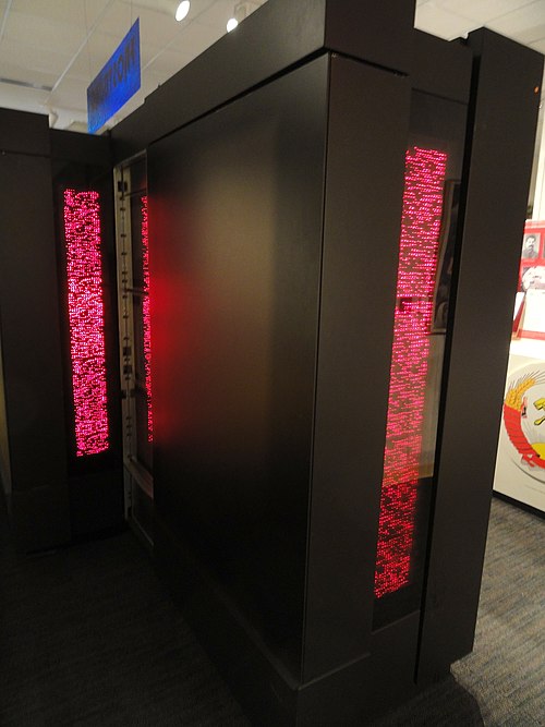 The light panels of FROSTBURG, a CM-5, on display at the National Cryptologic Museum. The panels were used to check the usage of the processing nodes,