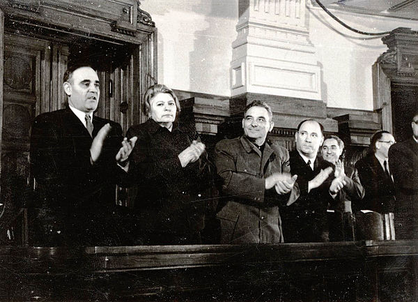 Gheorghe Gheorghiu-Dej, Ana Pauker, Vasile Luca, and Georgescu at the Great National Assembly in April 1951